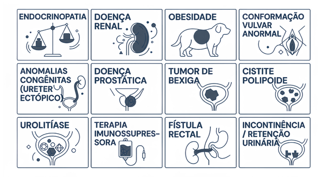 Comorbidades e diagnósticos associados a ITU em cães e gatos.